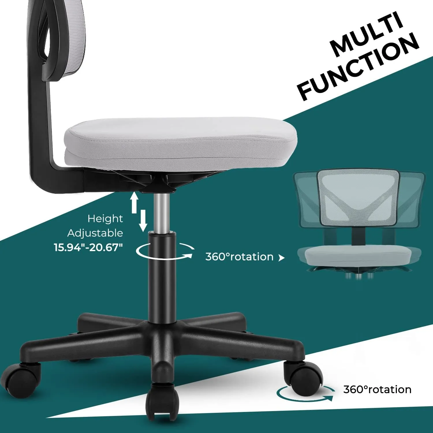 DUMOS Armless Desk Chairs, Cute Home Office Chair No Arms with Wheels, Ergonomic Adjustable Swivel Rolling Task Chair, Comfy Mesh Mid Back Computer Work Vanity Chair for Small Spaces, Light Grey