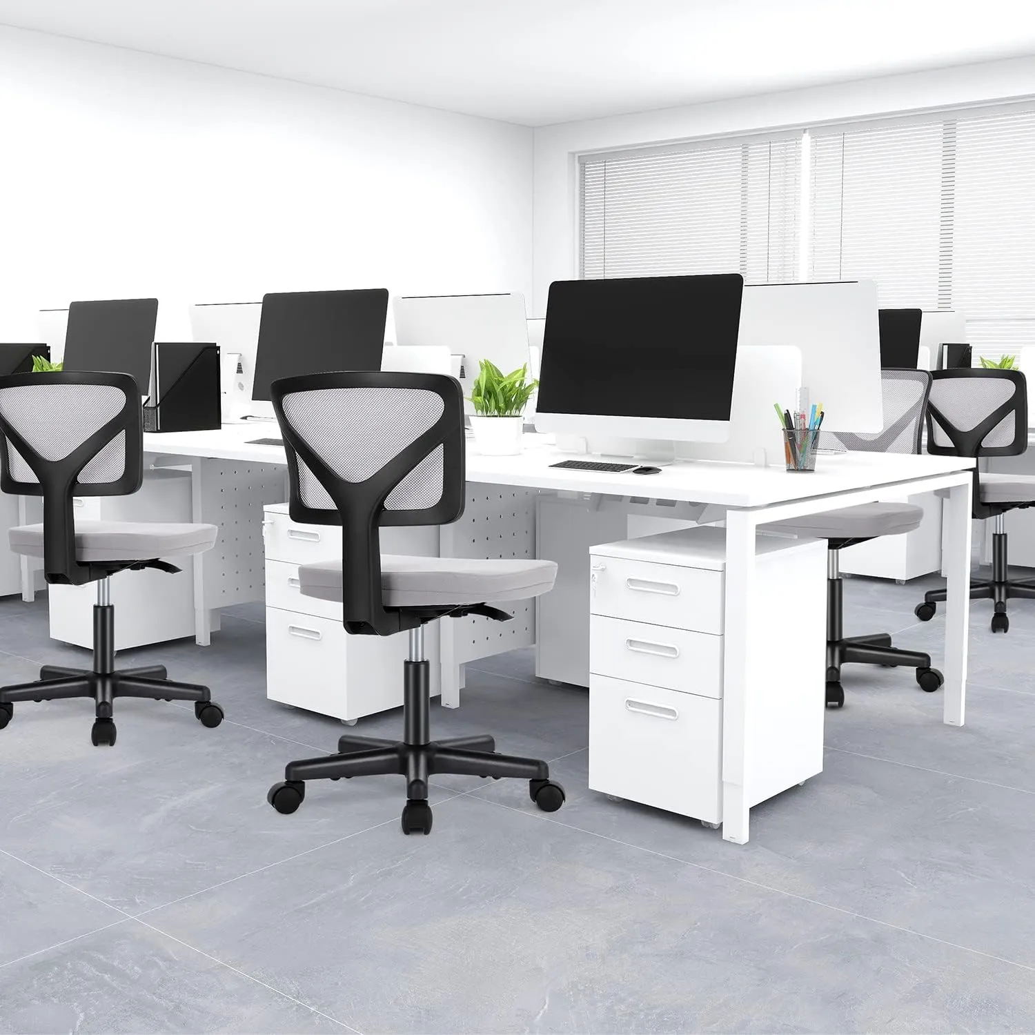 DUMOS Armless Desk Chairs, Cute Home Office Chair No Arms with Wheels, Ergonomic Adjustable Swivel Rolling Task Chair, Comfy Mesh Mid Back Computer Work Vanity Chair for Small Spaces, Light Grey