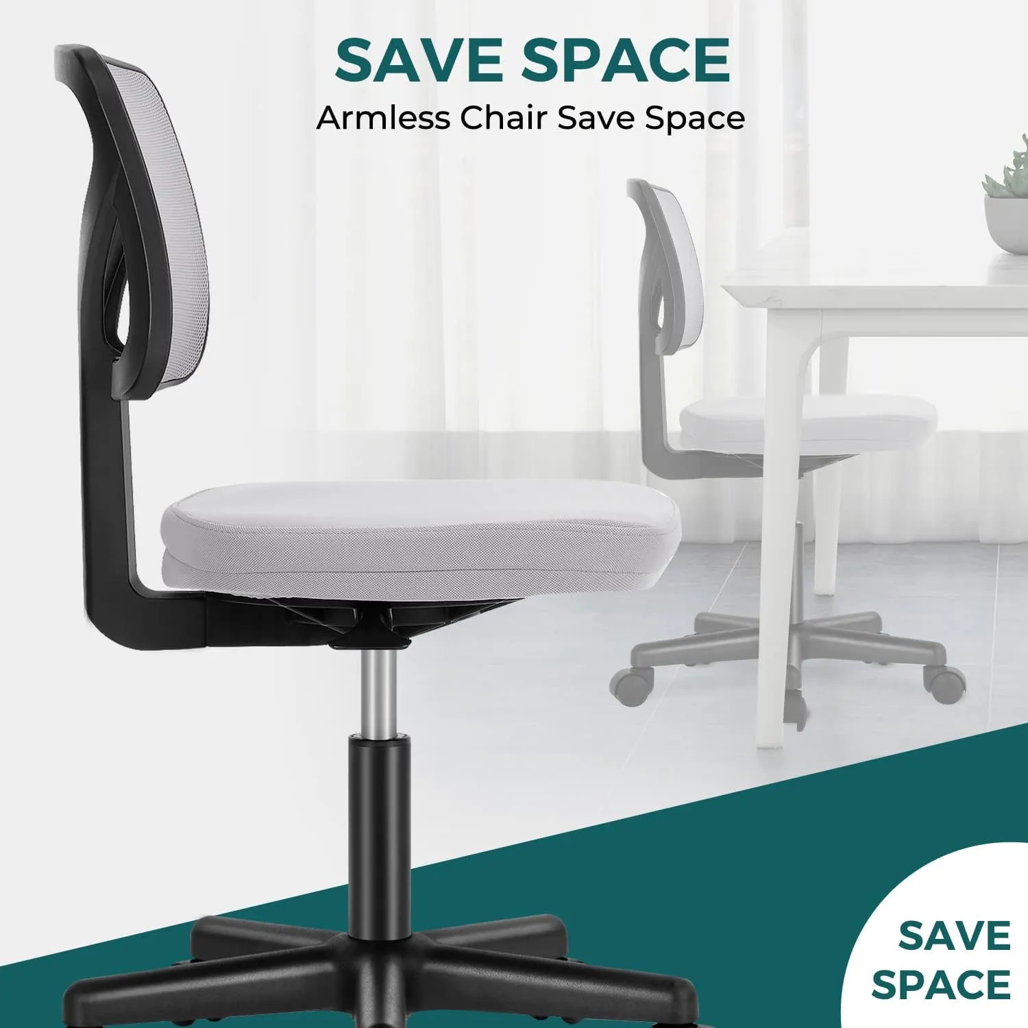 DUMOS Armless Desk Chairs, Cute Home Office Chair No Arms with Wheels, Ergonomic Adjustable Swivel Rolling Task Chair, Comfy Mesh Mid Back Computer Work Vanity Chair for Small Spaces, Light Grey