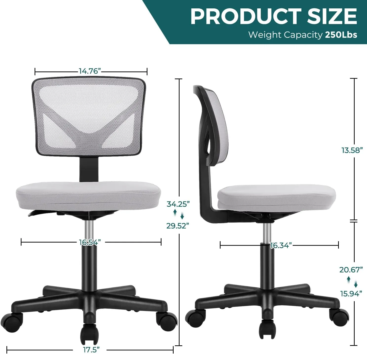 DUMOS Armless Desk Chairs, Cute Home Office Chair No Arms with Wheels, Ergonomic Adjustable Swivel Rolling Task Chair, Comfy Mesh Mid Back Computer Work Vanity Chair for Small Spaces, Light Grey