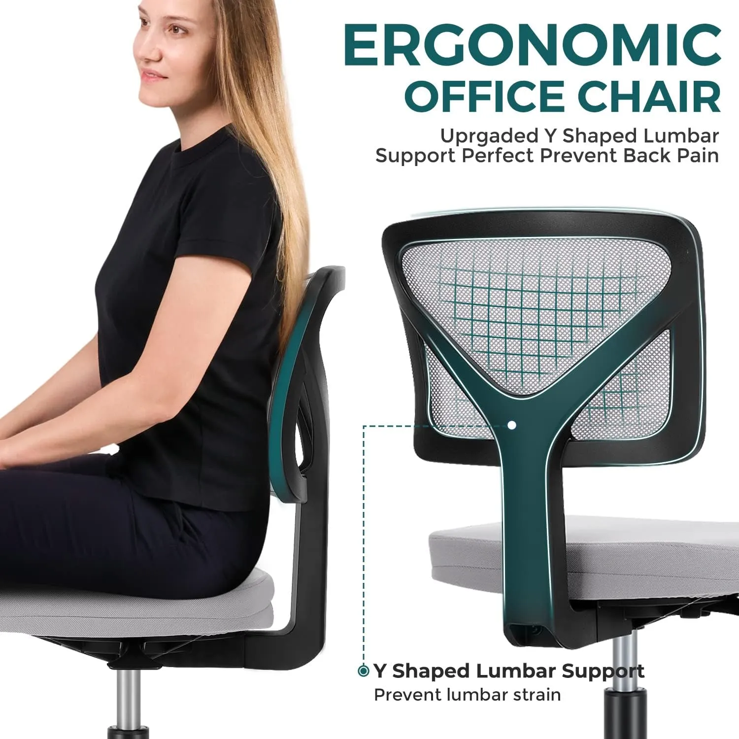 DUMOS Armless Desk Chairs, Cute Home Office Chair No Arms with Wheels, Ergonomic Adjustable Swivel Rolling Task Chair, Comfy Mesh Mid Back Computer Work Vanity Chair for Small Spaces, Light Grey