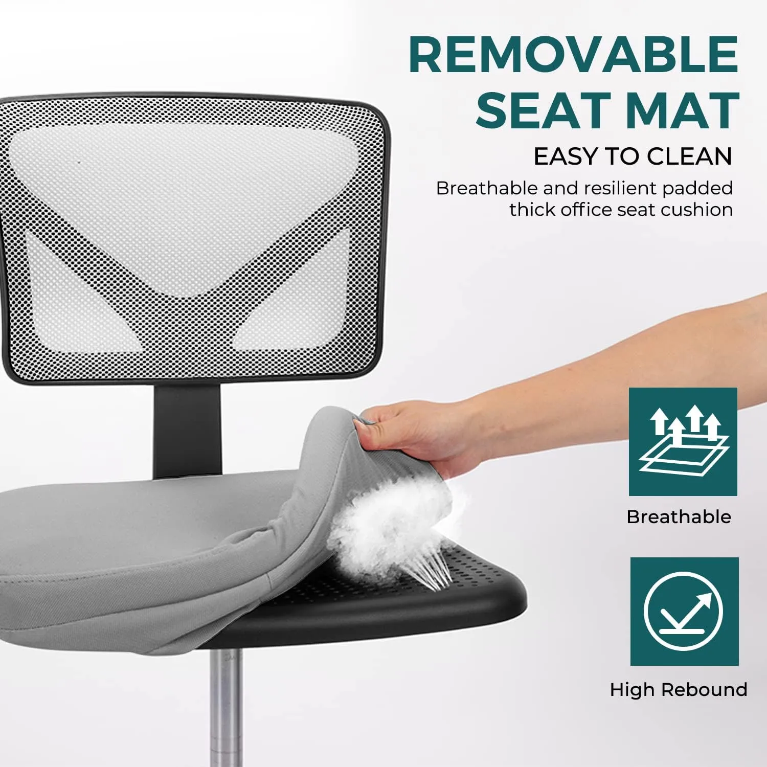 DUMOS Armless Desk Chairs, Cute Home Office Chair No Arms with Wheels, Ergonomic Adjustable Swivel Rolling Task Chair, Comfy Mesh Mid Back Computer Work Vanity Chair for Small Spaces, Light Grey