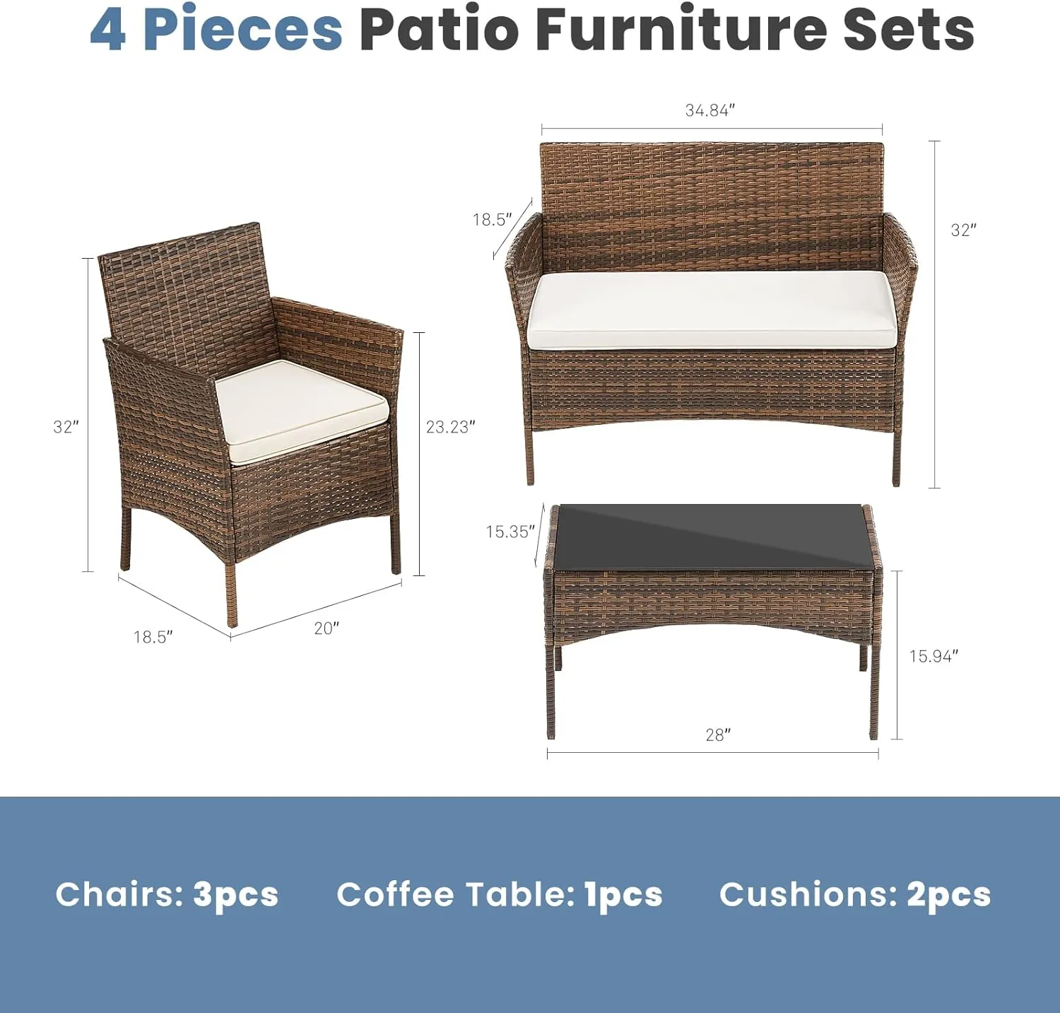 DUMOS Patio Furniture Set 4 Pieces, Outdoor Wicker Furniture with Coffee Table, Modern Rattan Patio Chairs Conversation Sets with Sofa for Garden, Terrace, Porch, Balconies, Lawns, Brown