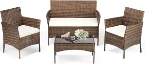 DUMOS Patio Furniture Set 4 Pieces, Outdoor Wicker Furniture with Coffee Table, Modern Rattan Patio Chairs Conversation Sets with Sofa for Garden, Terrace, Porch, Balconies, Lawns, Brown