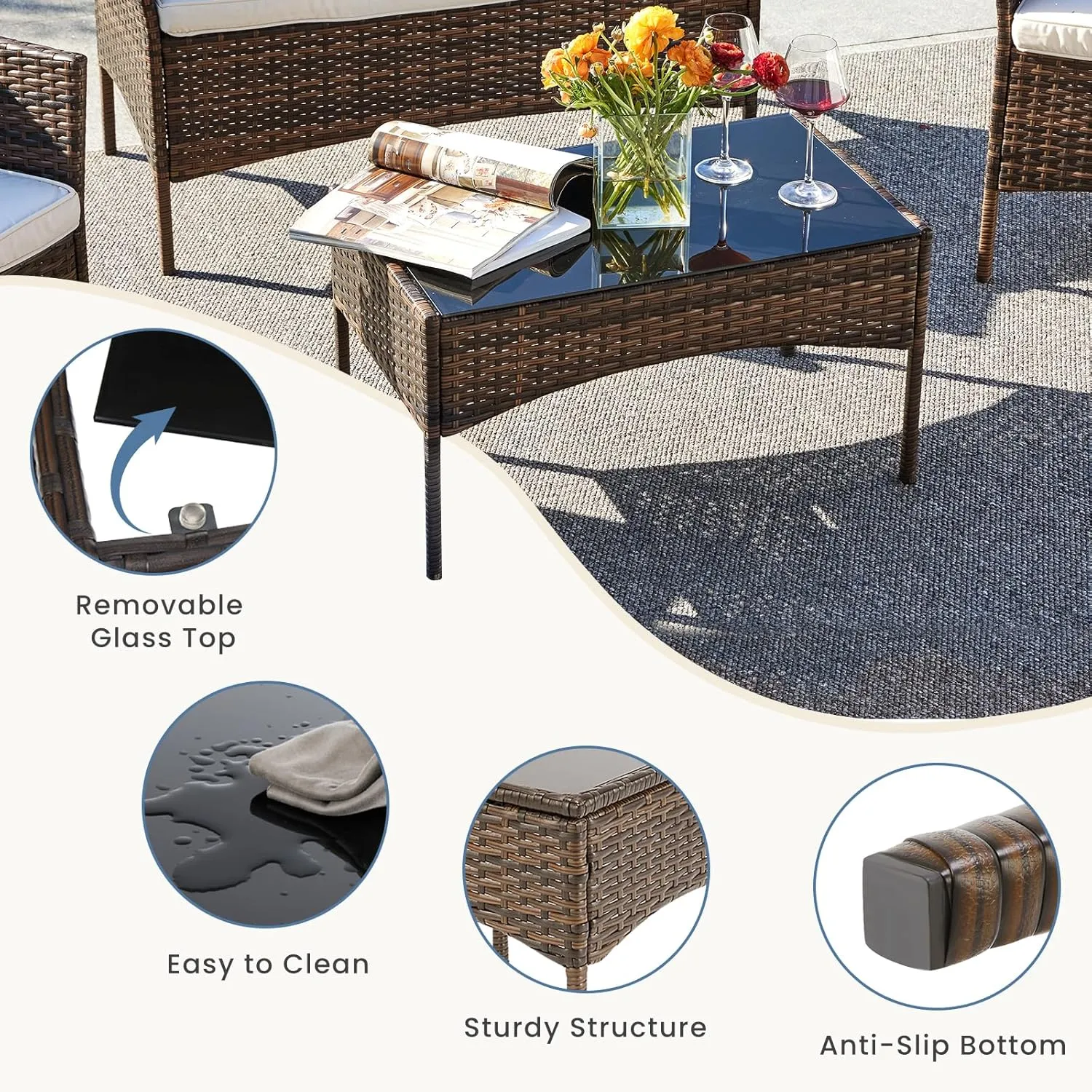 DUMOS Patio Furniture Set 4 Pieces, Outdoor Wicker Furniture with Coffee Table, Modern Rattan Patio Chairs Conversation Sets with Sofa for Garden, Terrace, Porch, Balconies, Lawns, Brown