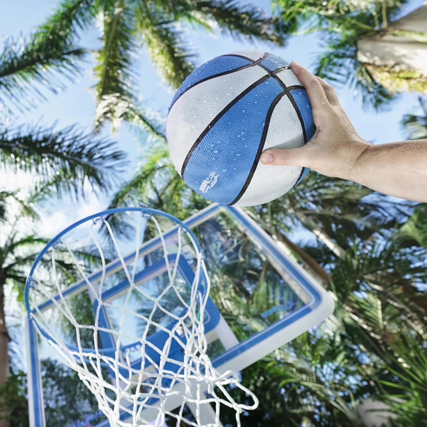 Dunn-Rite Splash & Shoot Clear Outdoor Adjustable Height Swimming Pool Basketball Hoop w/Ball, Base, & 18 Inch Stainless Steel Rim, Blue