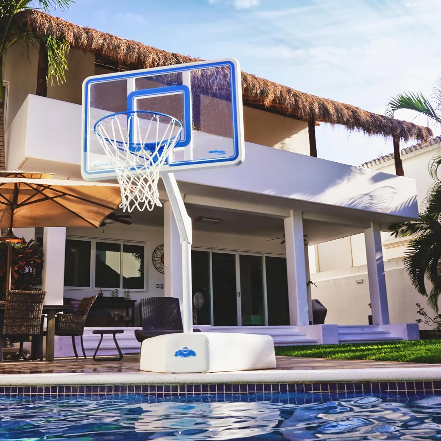 Dunn-Rite Splash & Shoot Clear Outdoor Adjustable Height Swimming Pool Basketball Hoop w/Ball, Base, & 18 Inch Stainless Steel Rim, Blue