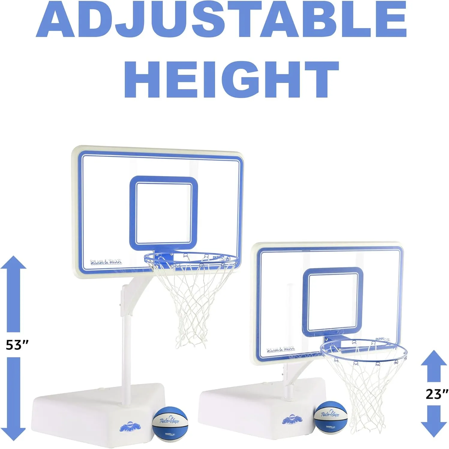 Dunn-Rite Splash & Shoot Clear Outdoor Adjustable Height Swimming Pool Basketball Hoop w/Ball, Base, & 18 Inch Stainless Steel Rim, Blue