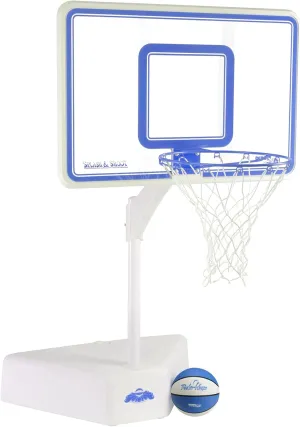 Dunn-Rite Splash & Shoot Clear Outdoor Adjustable Height Swimming Pool Basketball Hoop w/Ball, Base, & 18 Inch Stainless Steel Rim, Blue