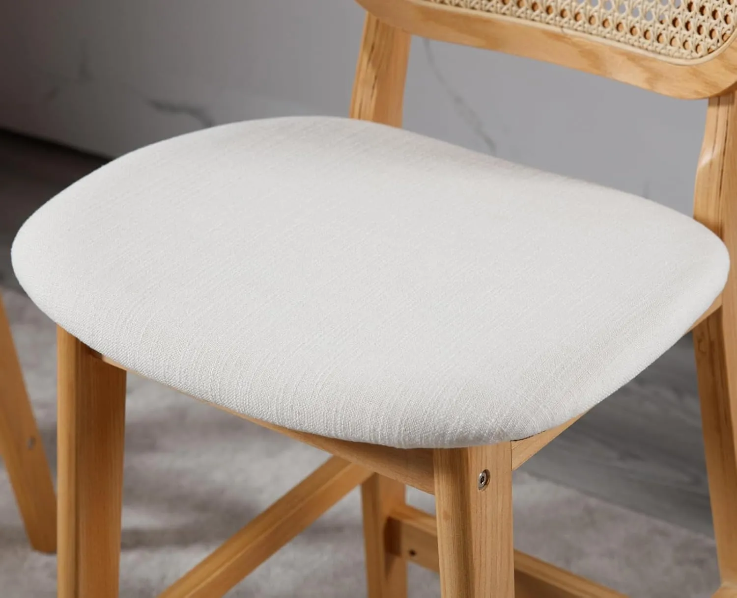EALSON Counter Height Bar Stools Set of 2 Rattan Back Farmhouse Barstools Mid Century Modern Wood Bar Chairs Comfortable Linen Upholstered Kitchen Island Chairs for Pub/Breakfast Bar, Beige