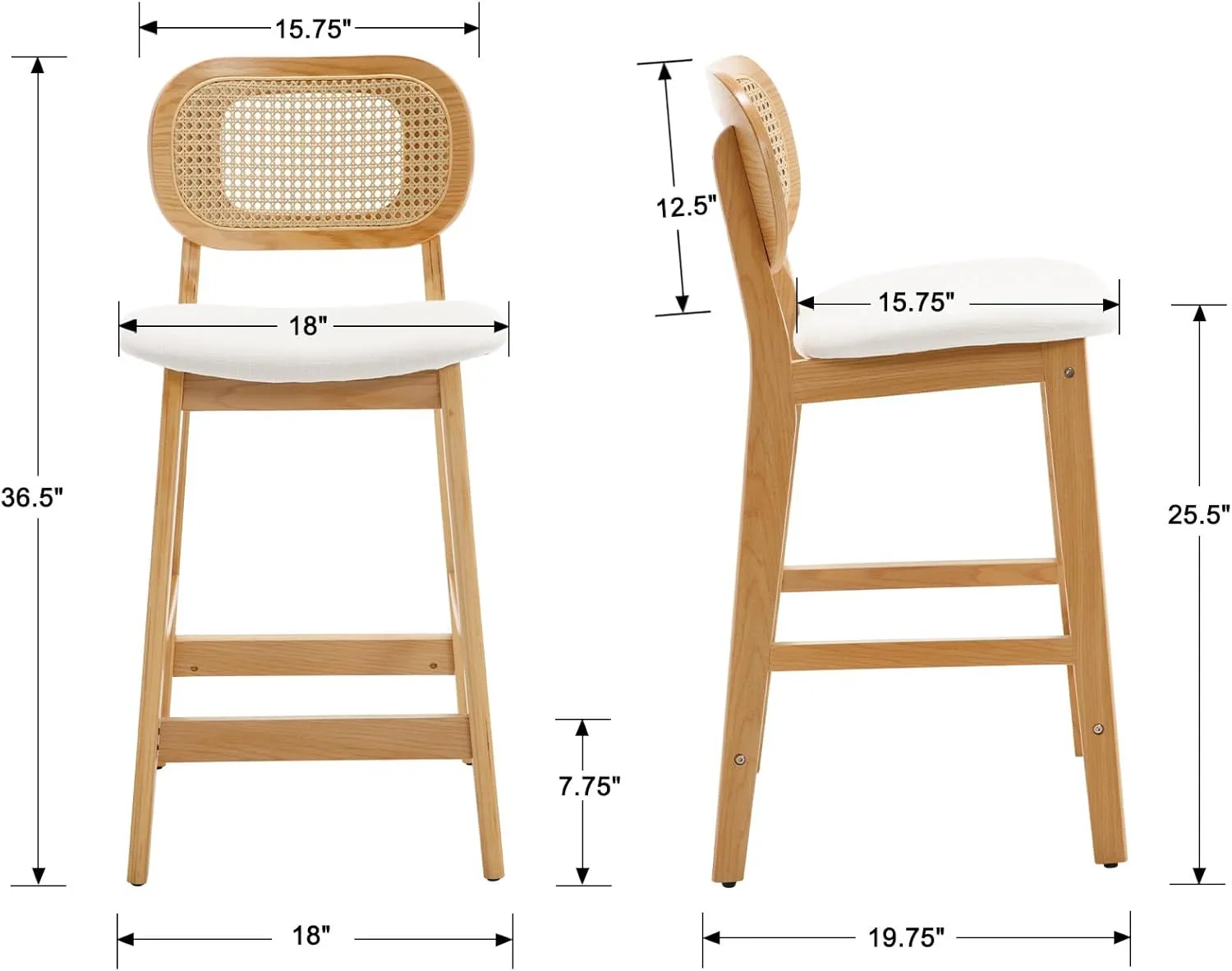 EALSON Counter Height Bar Stools Set of 2 Rattan Back Farmhouse Barstools Mid Century Modern Wood Bar Chairs Comfortable Linen Upholstered Kitchen Island Chairs for Pub/Breakfast Bar, Beige