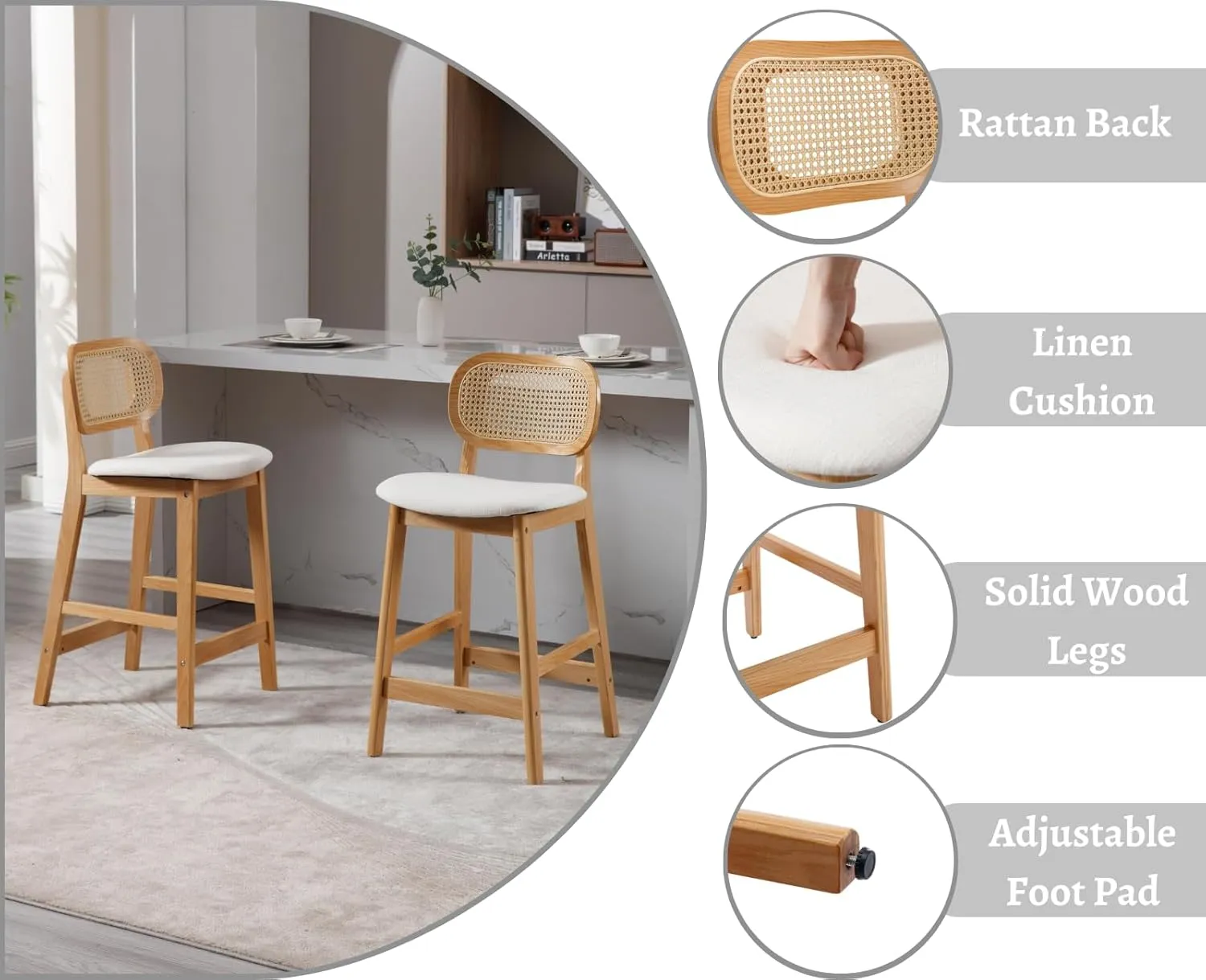 EALSON Counter Height Bar Stools Set of 2 Rattan Back Farmhouse Barstools Mid Century Modern Wood Bar Chairs Comfortable Linen Upholstered Kitchen Island Chairs for Pub/Breakfast Bar, Beige