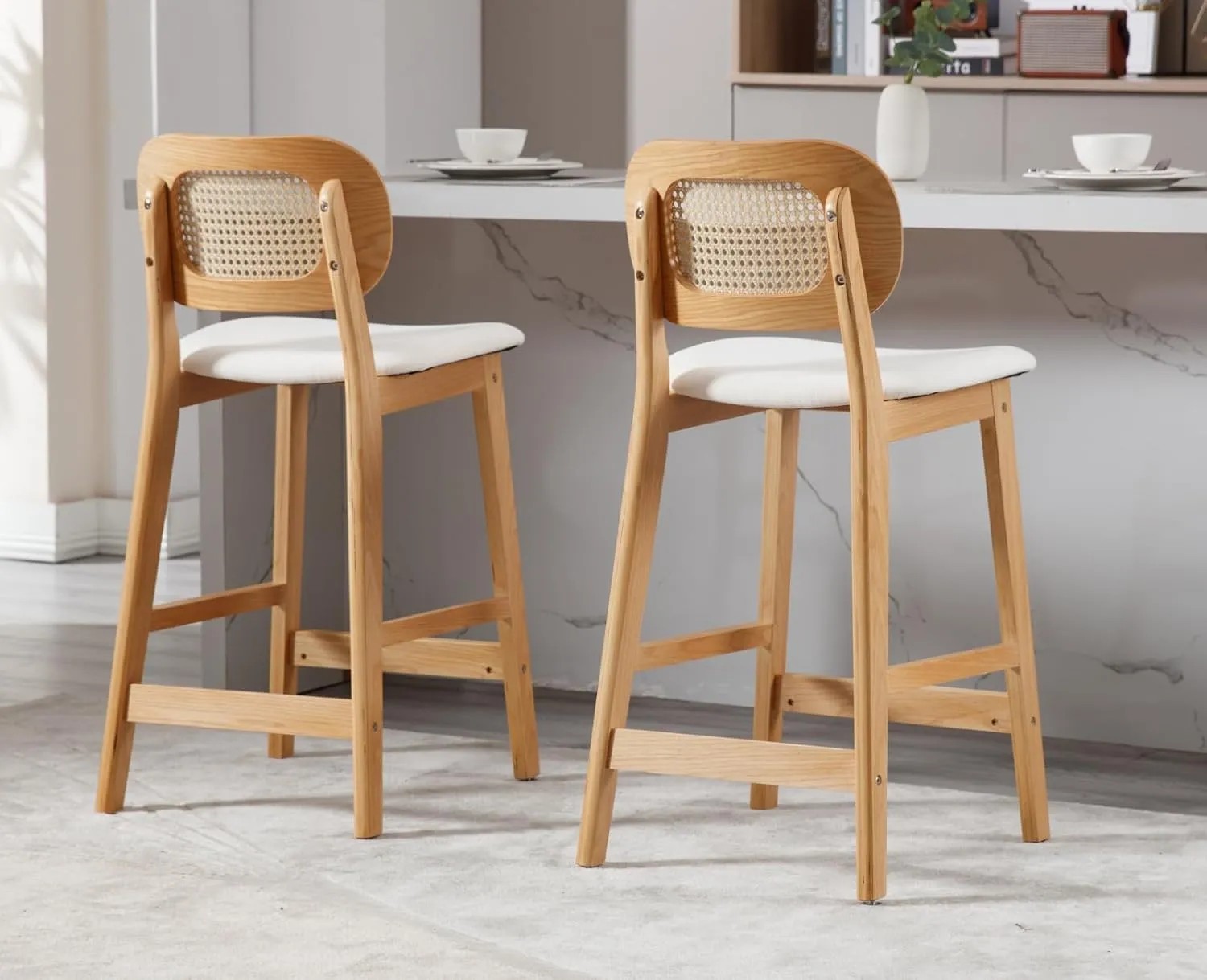 EALSON Counter Height Bar Stools Set of 2 Rattan Back Farmhouse Barstools Mid Century Modern Wood Bar Chairs Comfortable Linen Upholstered Kitchen Island Chairs for Pub/Breakfast Bar, Beige