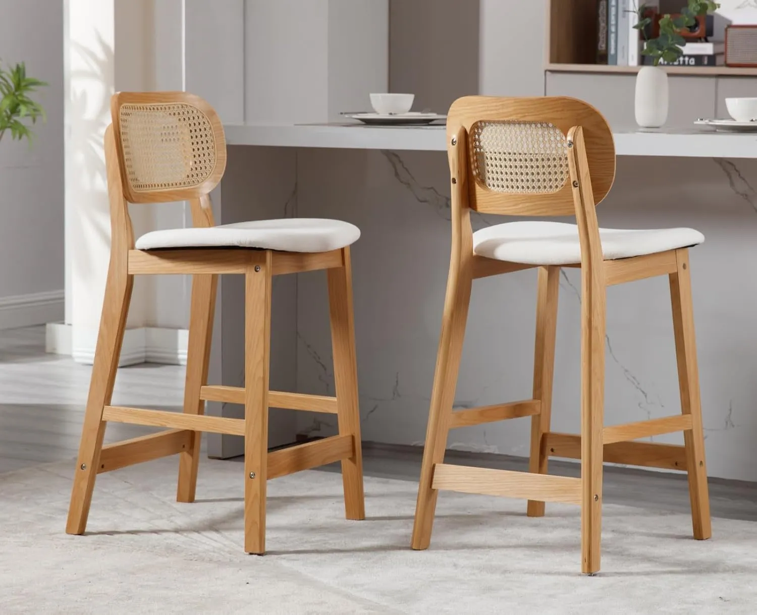 EALSON Counter Height Bar Stools Set of 2 Rattan Back Farmhouse Barstools Mid Century Modern Wood Bar Chairs Comfortable Linen Upholstered Kitchen Island Chairs for Pub/Breakfast Bar, Beige