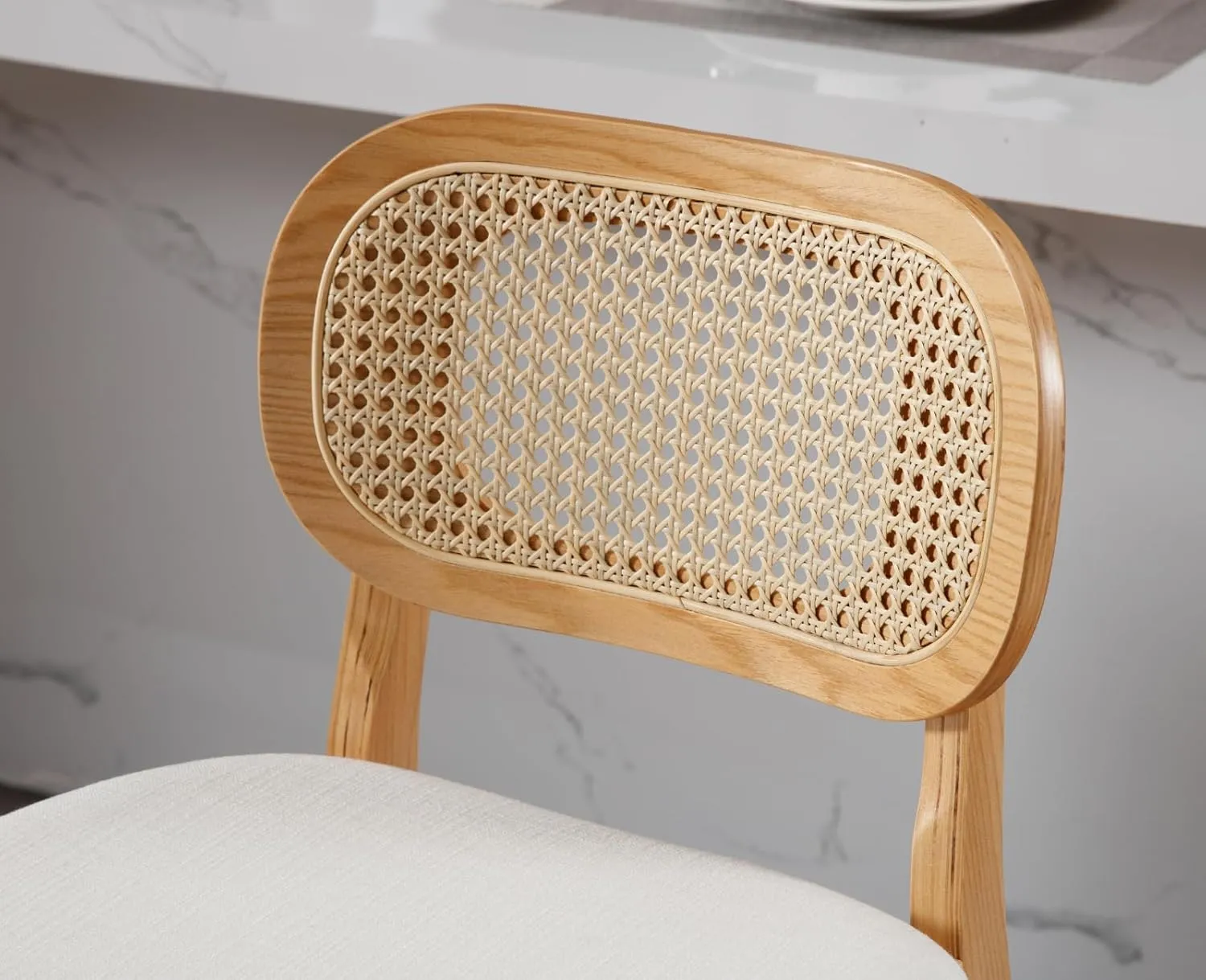 EALSON Counter Height Bar Stools Set of 2 Rattan Back Farmhouse Barstools Mid Century Modern Wood Bar Chairs Comfortable Linen Upholstered Kitchen Island Chairs for Pub/Breakfast Bar, Beige