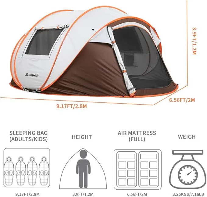 EchoSmile Camping Instant Tent, 2/4/6/8/10 Person Pop Up Tent, Water Resistant Dome Tent, Easy Setup for Camping Hiking and Outdoor, Portable Tent with Carry Bag, for 3 Seasons…