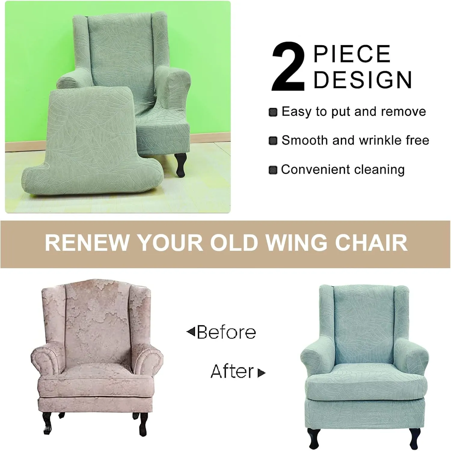 Eco-Ancheng Waterproof Wingback Chair Slipcover 2 Piece Slipcovers for Wingback Chairs Spandex Wingback Chair Covers Washable Furniture Protector with Elastic Bottom for Living Room Wingback Chairs