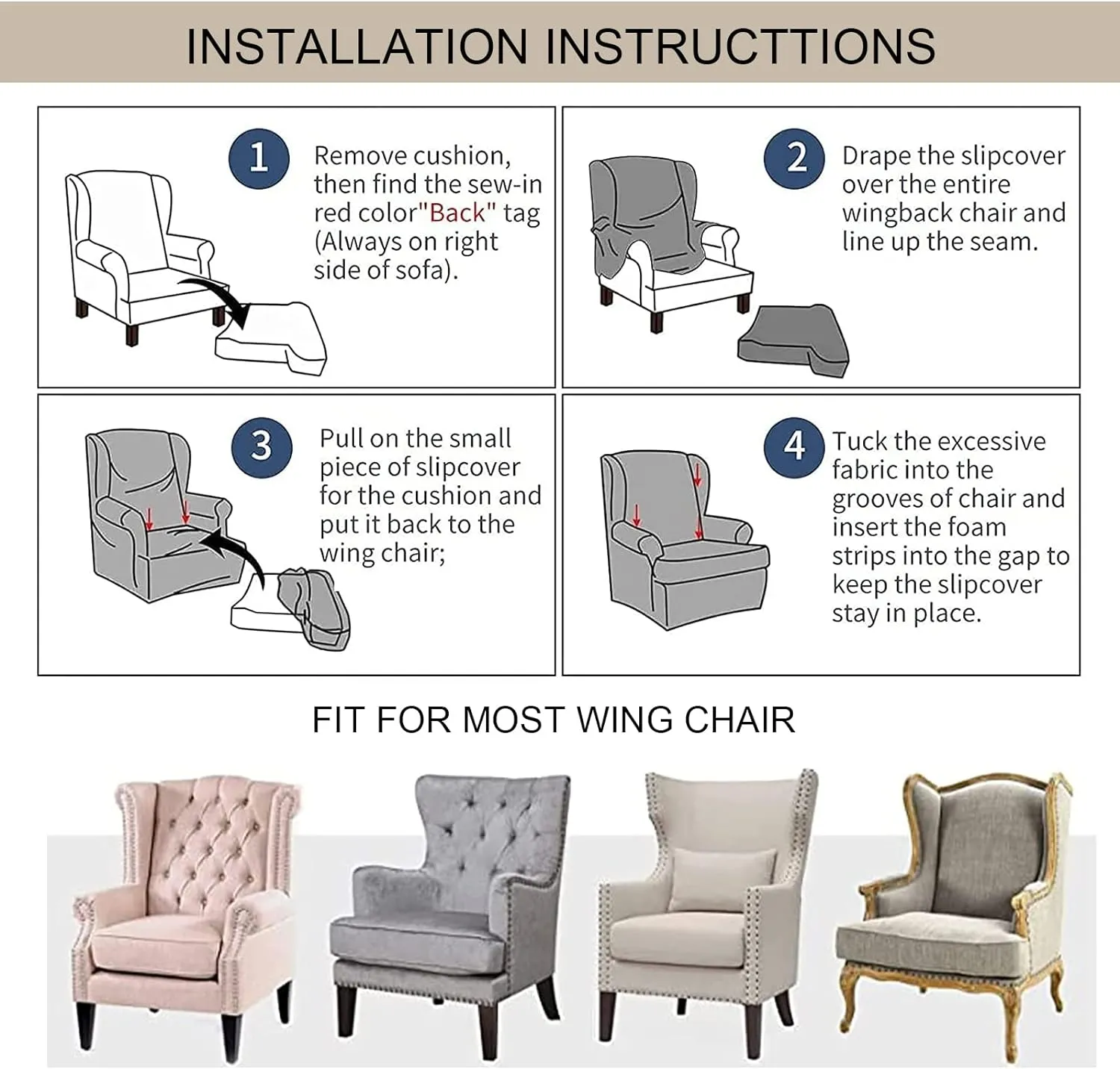 Eco-Ancheng Waterproof Wingback Chair Slipcover 2 Piece Slipcovers for Wingback Chairs Spandex Wingback Chair Covers Washable Furniture Protector with Elastic Bottom for Living Room Wingback Chairs