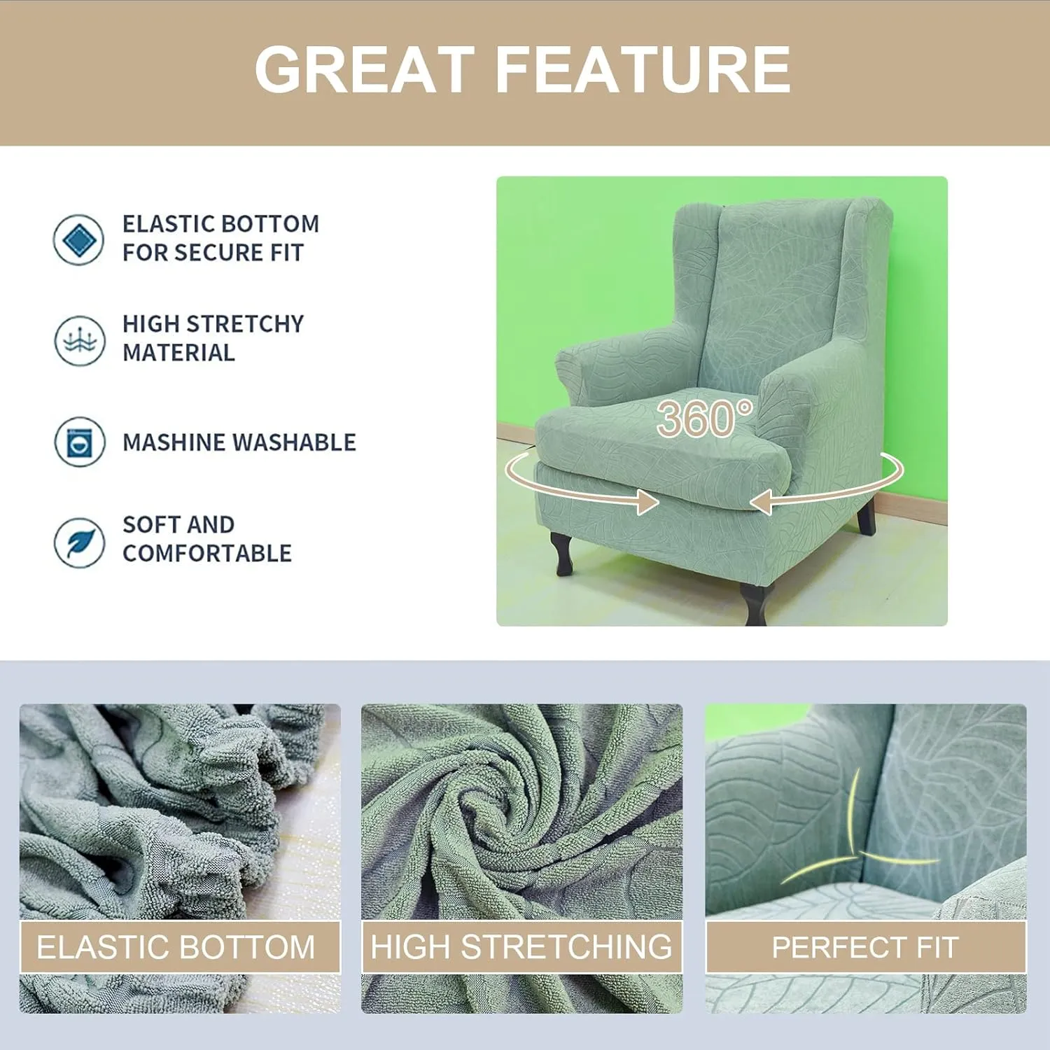 Eco-Ancheng Waterproof Wingback Chair Slipcover 2 Piece Slipcovers for Wingback Chairs Spandex Wingback Chair Covers Washable Furniture Protector with Elastic Bottom for Living Room Wingback Chairs