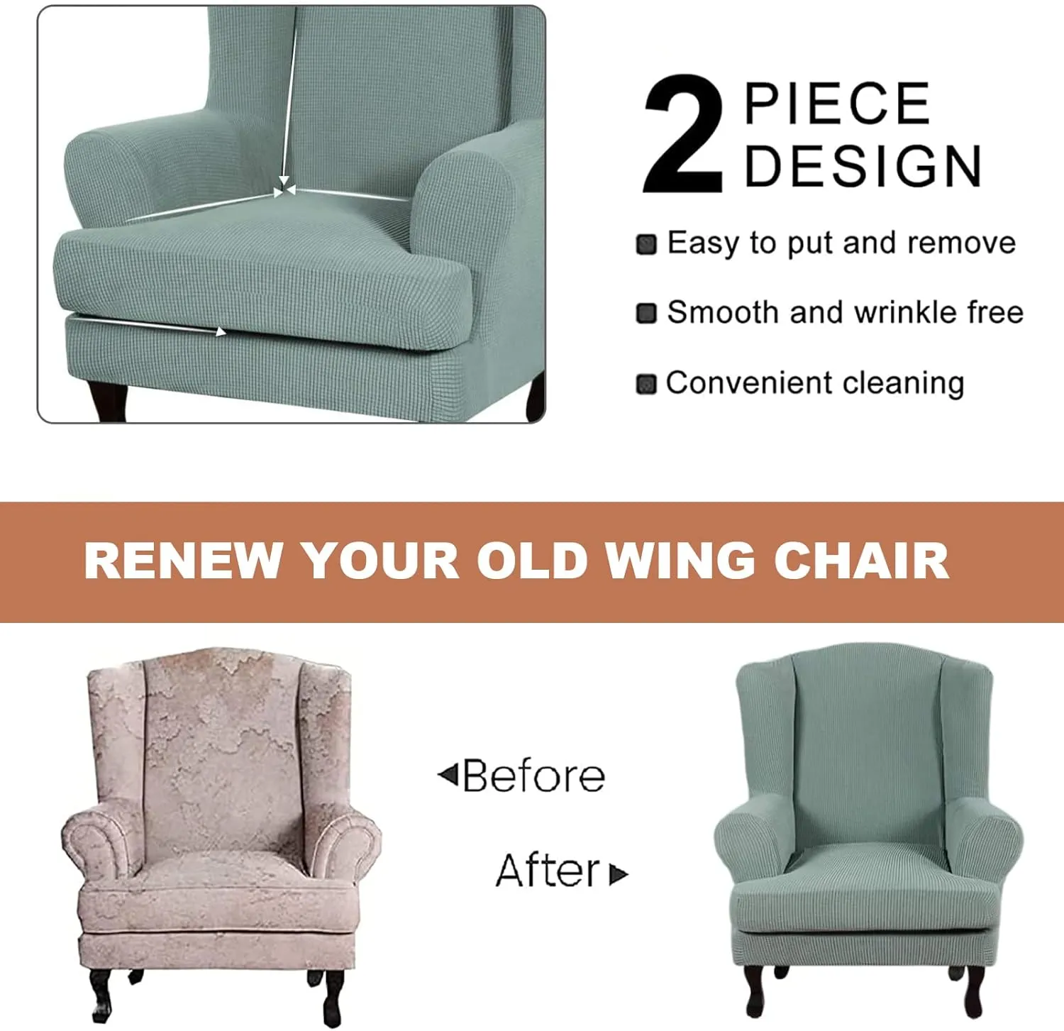 Eco-Ancheng Wingback Chair Slipcover 2 Piece Slipcovers for Wingback Chairs Jacquard Wingback Chair Covers Washable Furniture Protector with Elastic Bottom for Living Room Wingback Chairs