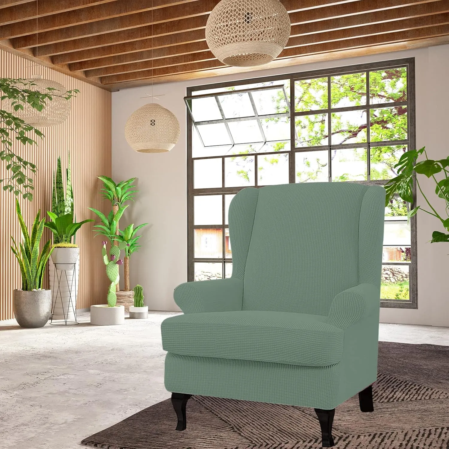 Eco-Ancheng Wingback Chair Slipcover 2 Piece Slipcovers for Wingback Chairs Jacquard Wingback Chair Covers Washable Furniture Protector with Elastic Bottom for Living Room Wingback Chairs