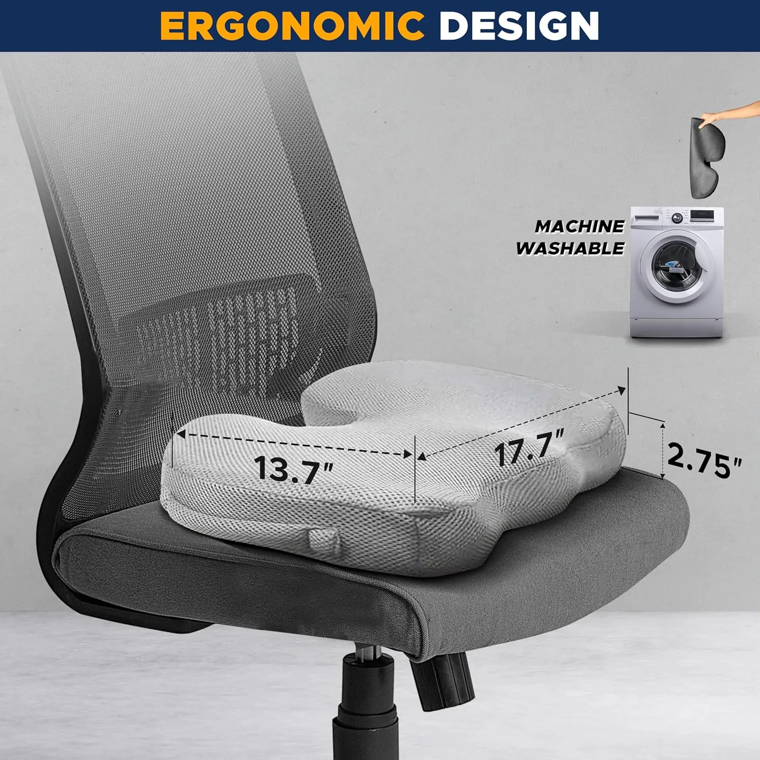 EcoNour Gel Seat Cushion for Tailbone Pain Relief | Computer Chair Cushion for Back Pain | Office Chair Gel Cushion for Coccyx | Ergonomic Anti-Slip Cushion for Sciatica & Lower Back Pain (Gray)