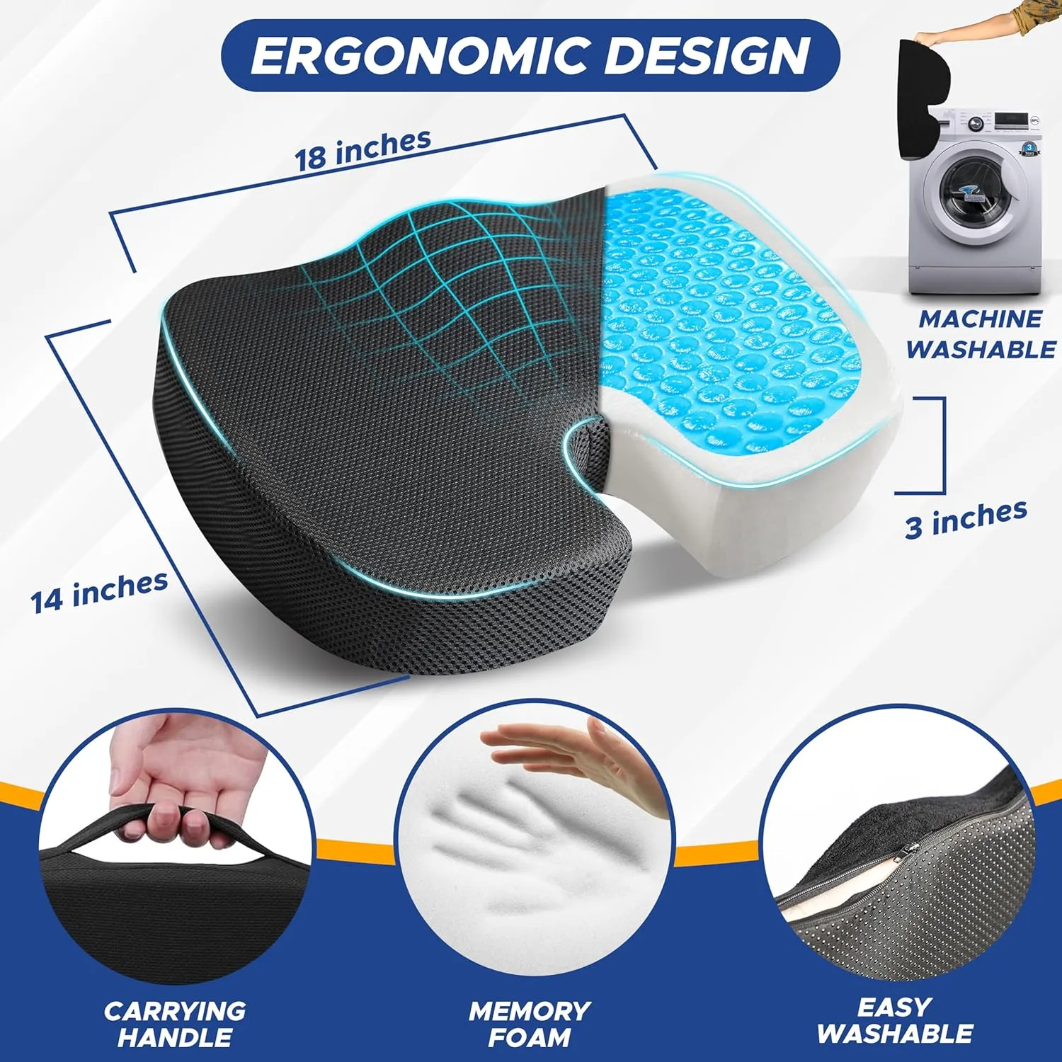 EcoNour Gel Seat Cushions for Office Chairs (2 Pack) | Tailbone Pain Relief Cushion for Sciatica | Memory Foam Seat Cushion for Long Sitting - Orthopedic Cushion for Office, Gaming Chair & Car Seat