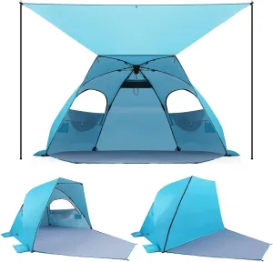 Elegear Beach Tent with Canopy 4-6 Person, 1-Second Umbrella-Style Setup Pop Up Sun Shelter Shade, UPF 50  UV Protection Four-Layer Silver-Coated Lightweight Portable Beach Cabana - Blue