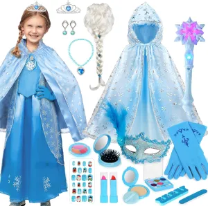 Elsa Princess Dress Up Set with Frozen Toys for Girls - Includes Snowflake Wand, Real Makeup Kit, Elsa Cape, Wig, Mask, Crown & Gloves - Perfect Christmas or Birthday Gift for Kids Age 3-12