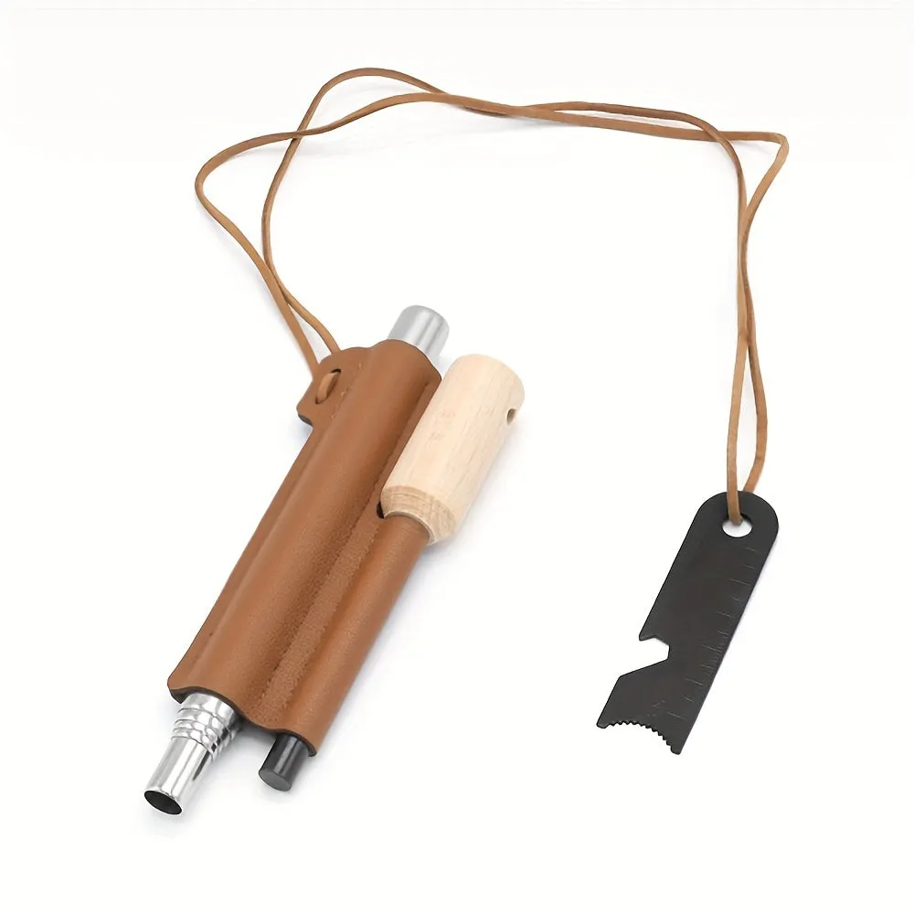 Emergency Fire Starter Kit - 3-Piece Set, Solid Magnesium Rod Flint, Extendable Stainless Steel 5-Section Bellows, Waterproof, Wood Handle