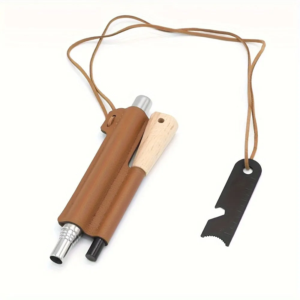Emergency Fire Starter Kit - 3-Piece Set, Solid Magnesium Rod Flint, Extendable Stainless Steel 5-Section Bellows, Waterproof, Wood Handle