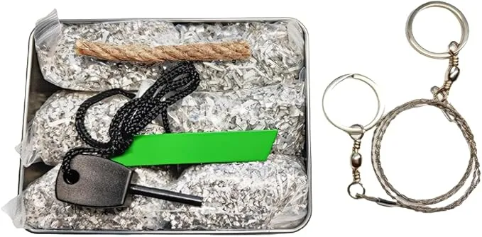 Emergency Fire Starter Magnesium 6 Bags Wax Infused Jute Rope Ferro Rod Striker Saw Wire for Camping Hiking Bushcraft Hurricane   Tin Container