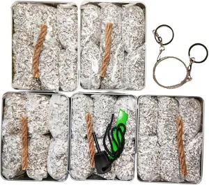 Emergency Fire Starter Magnesium 6 Bags Wax Infused Jute Rope Ferro Rod Striker Saw Wire for Camping Hiking Bushcraft Hurricane   Tin Container