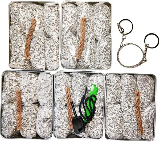 Emergency Fire Starter Magnesium 6 Bags Wax Infused Jute Rope Ferro Rod Striker Saw Wire for Camping Hiking Bushcraft Hurricane   Tin Container