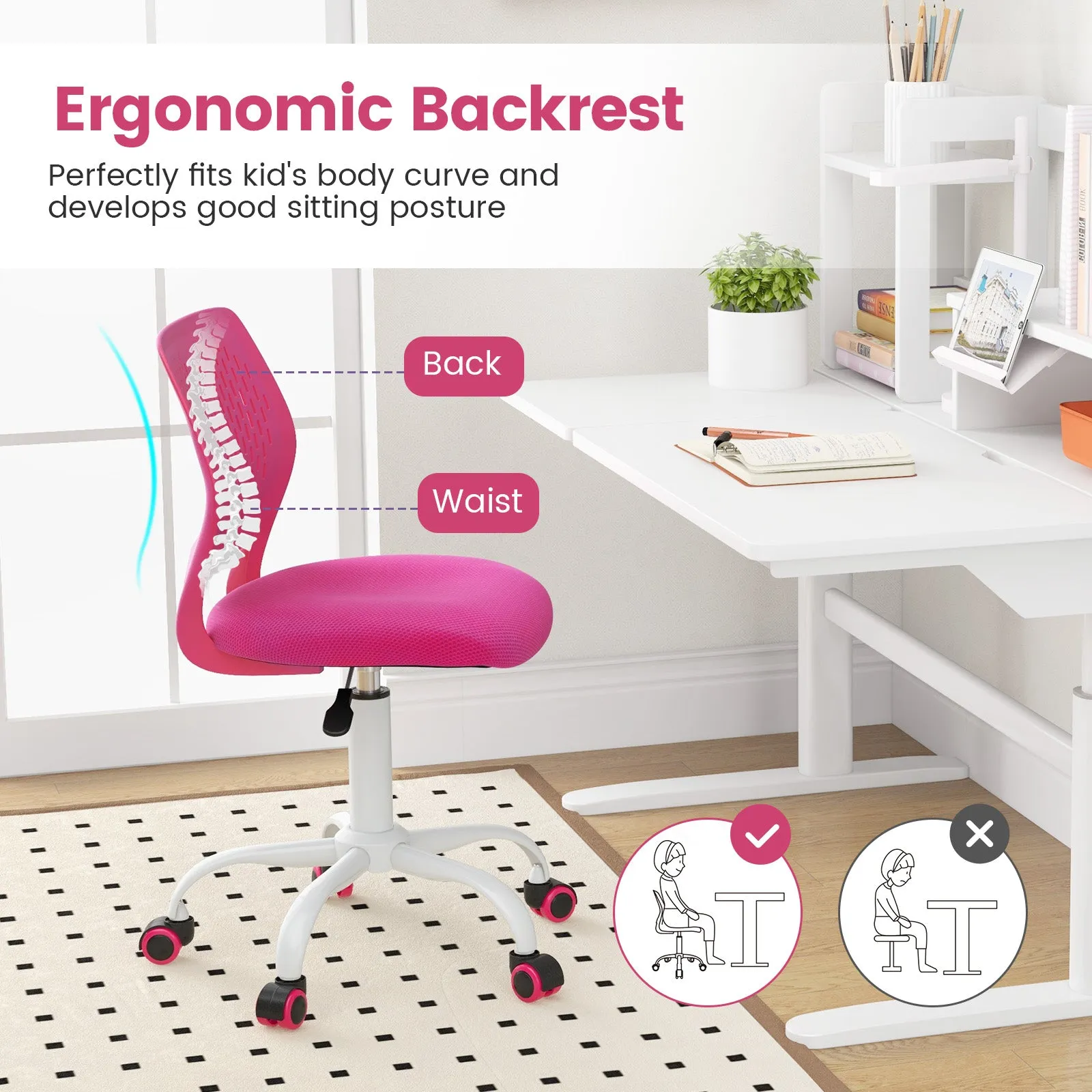 Ergonomic Children Study Chair with Adjustable Height-Pink