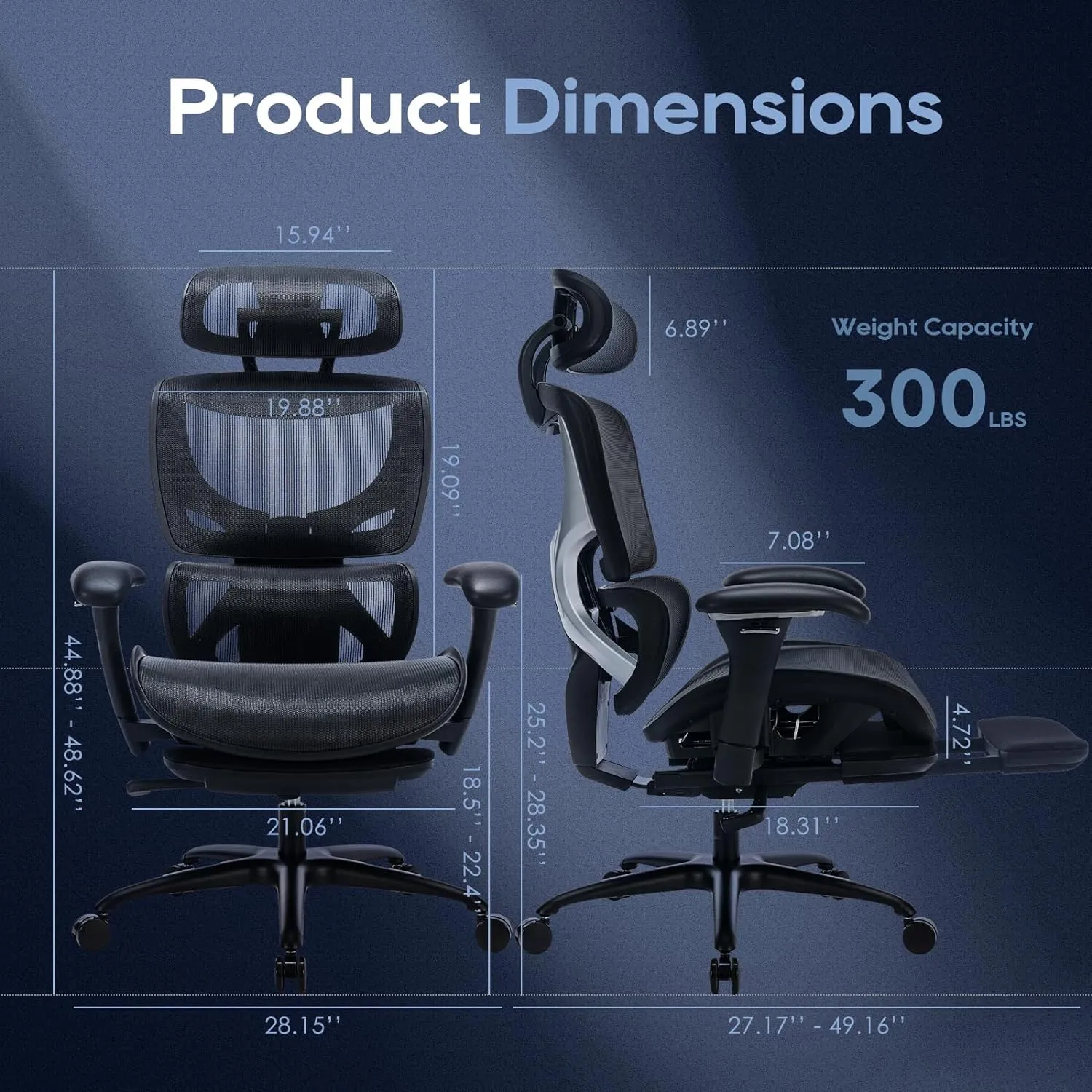Ergonomic Mesh Office Chair with Footrest, Executive High Back Computer Desk Chair with Wide Headrest and Adjustable 3D Arms, Backrest, Tilt Lock and Lumbar Support-Black