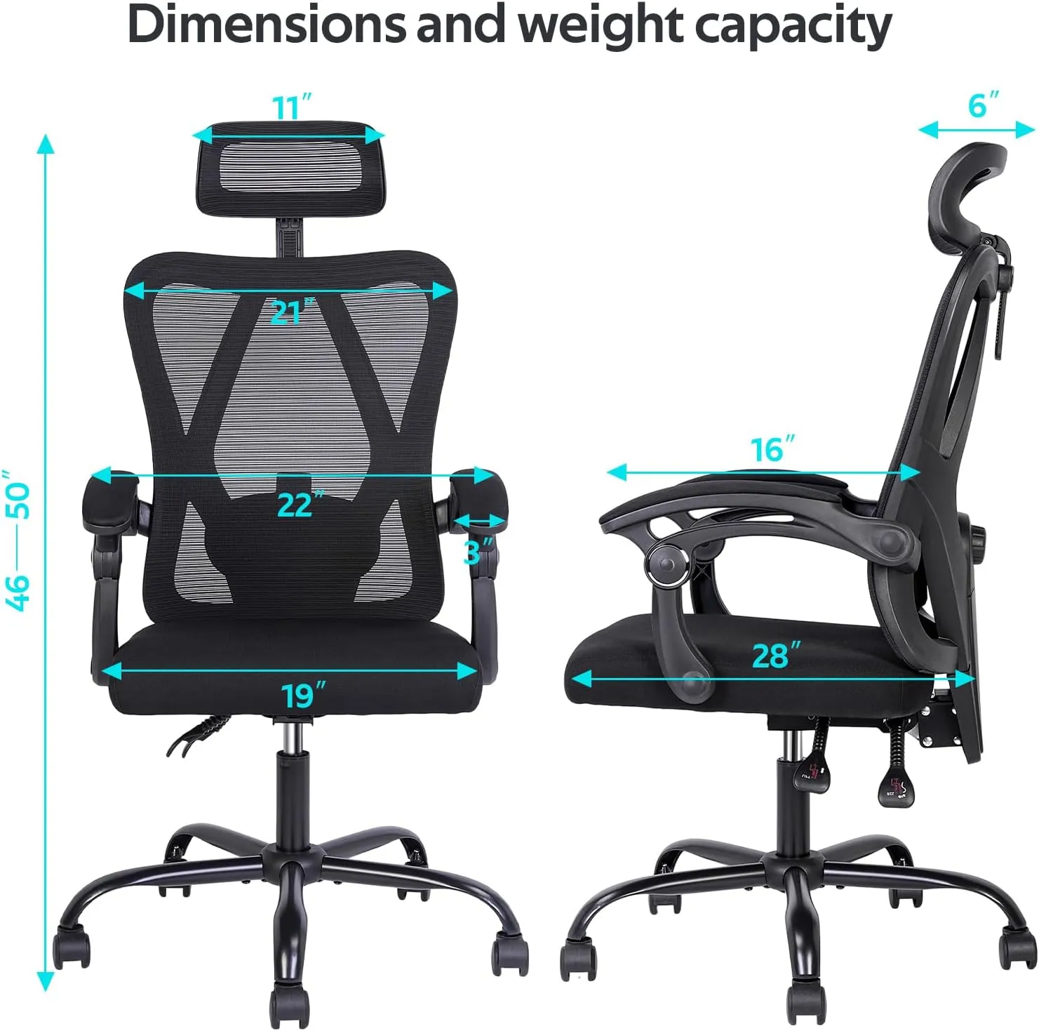 Ergonomic Office Chair - High-Back Home Office Chair with Headrest, Adjustable Arms, 90-135° Tilt Mechanism, Wide Seat Cushion, Large Size Mesh Chairs for Men and Women, Black Task Chair