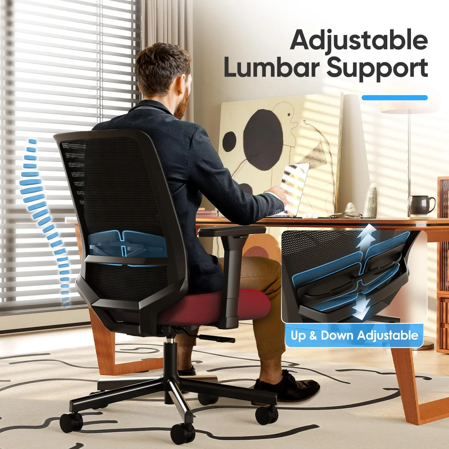 Ergonomic Office Chair, Mesh Computer Desk Chairs with Adjustable Lumbar Support, 3D Armrests, Tilt Function, Comfy Wide Seat, Swivel Executive Work Task Chair for Company and Home