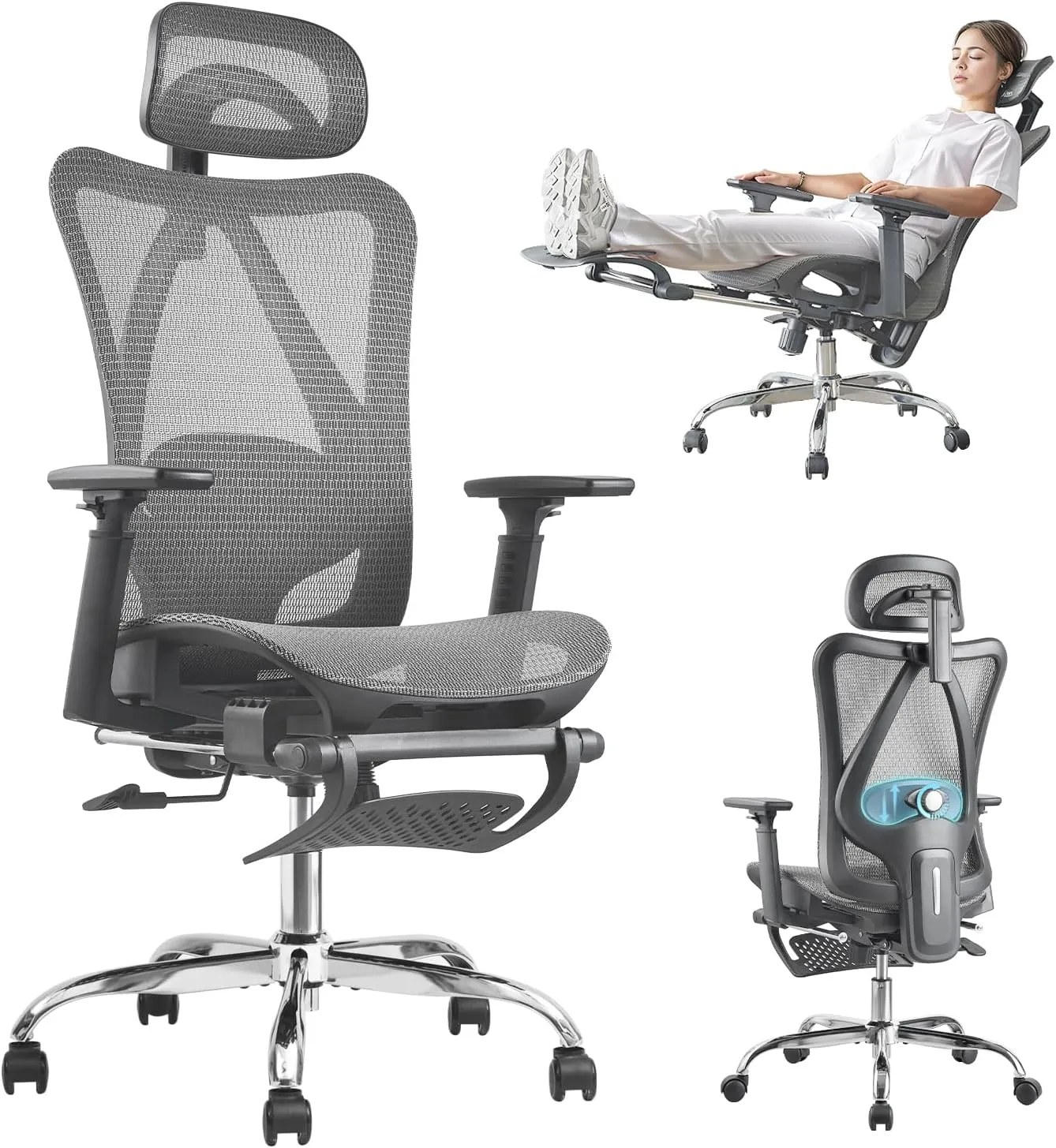 Ergonomic Office Chair, SGS Certified Gas Cylinder, 400 LBS Capacity, Retractable Footrest, Office Chair with Adjustable Lumbar Support, Gaming Chair, Mesh Office Chair