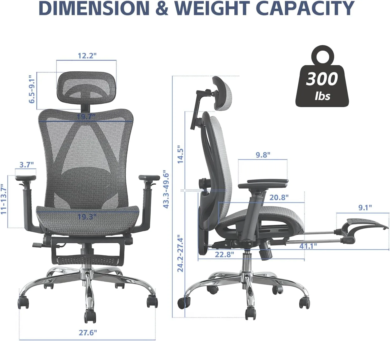 Ergonomic Office Chair, SGS Certified Gas Cylinder, 400 LBS Capacity, Retractable Footrest, Office Chair with Adjustable Lumbar Support, Gaming Chair, Mesh Office Chair