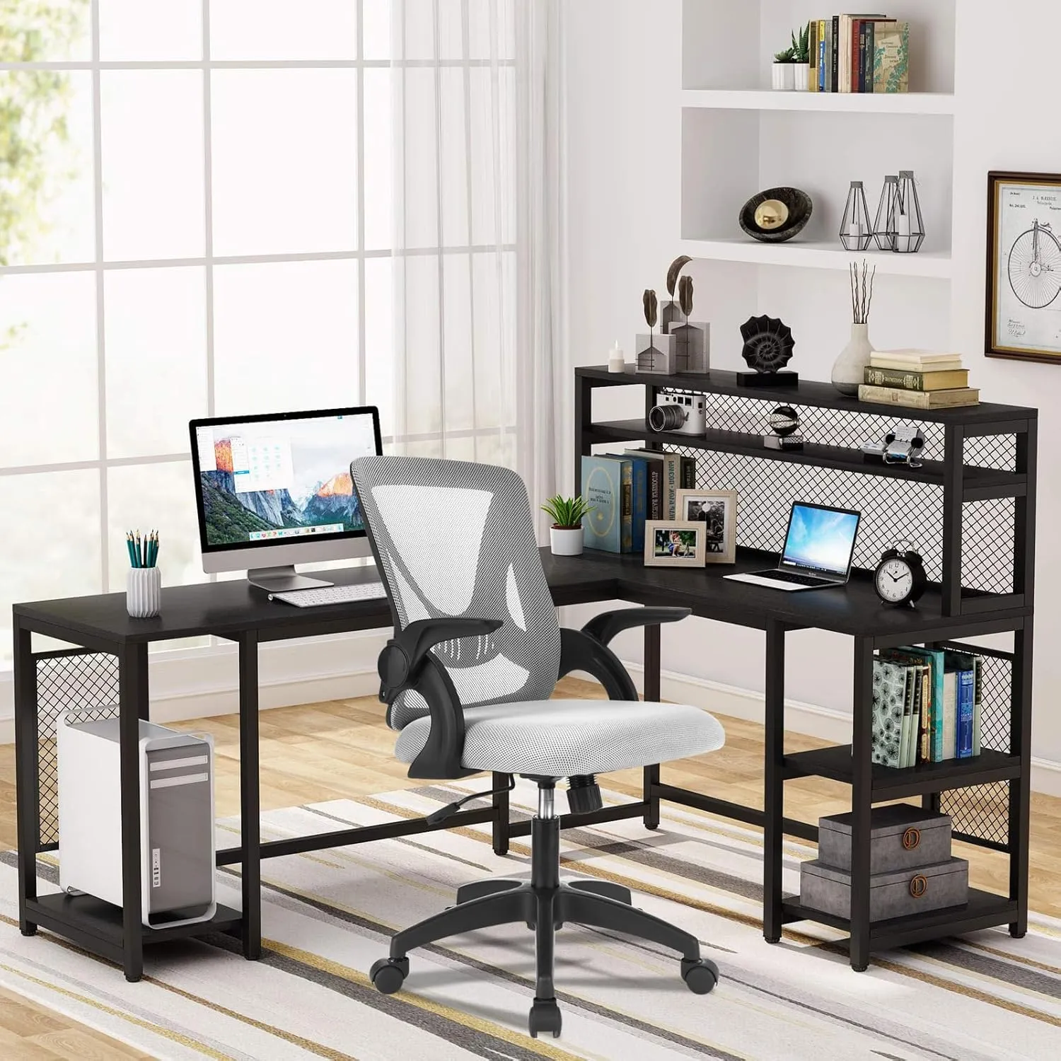 Ergonomic Office Chair Swivel Computer Desk Chair with Flip-up Armrests, Height Adjustable Mesh Chair with Lumbar Support for Home, Bedroom, Study, Black Gray