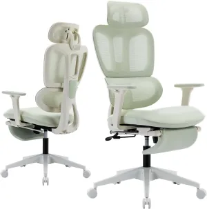 Ergonomic Office Chair with Footrest, High Back Computer Office Chair with Dynamic Lumbar Support, 2D Headrest, 2D Armrest, Sponge Seat, Mesh Home Office Desk Chair for Adults, Green