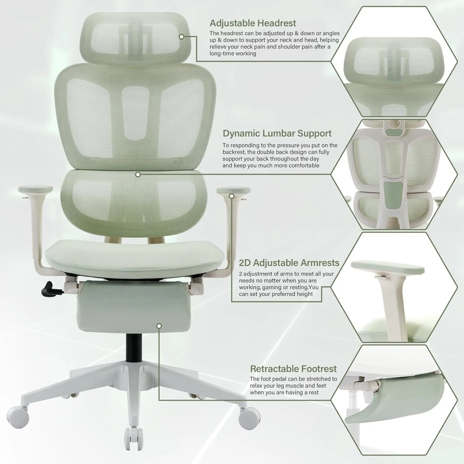 Ergonomic Office Chair with Footrest, High Back Computer Office Chair with Dynamic Lumbar Support, 2D Headrest, 2D Armrest, Sponge Seat, Mesh Home Office Desk Chair for Adults, Green