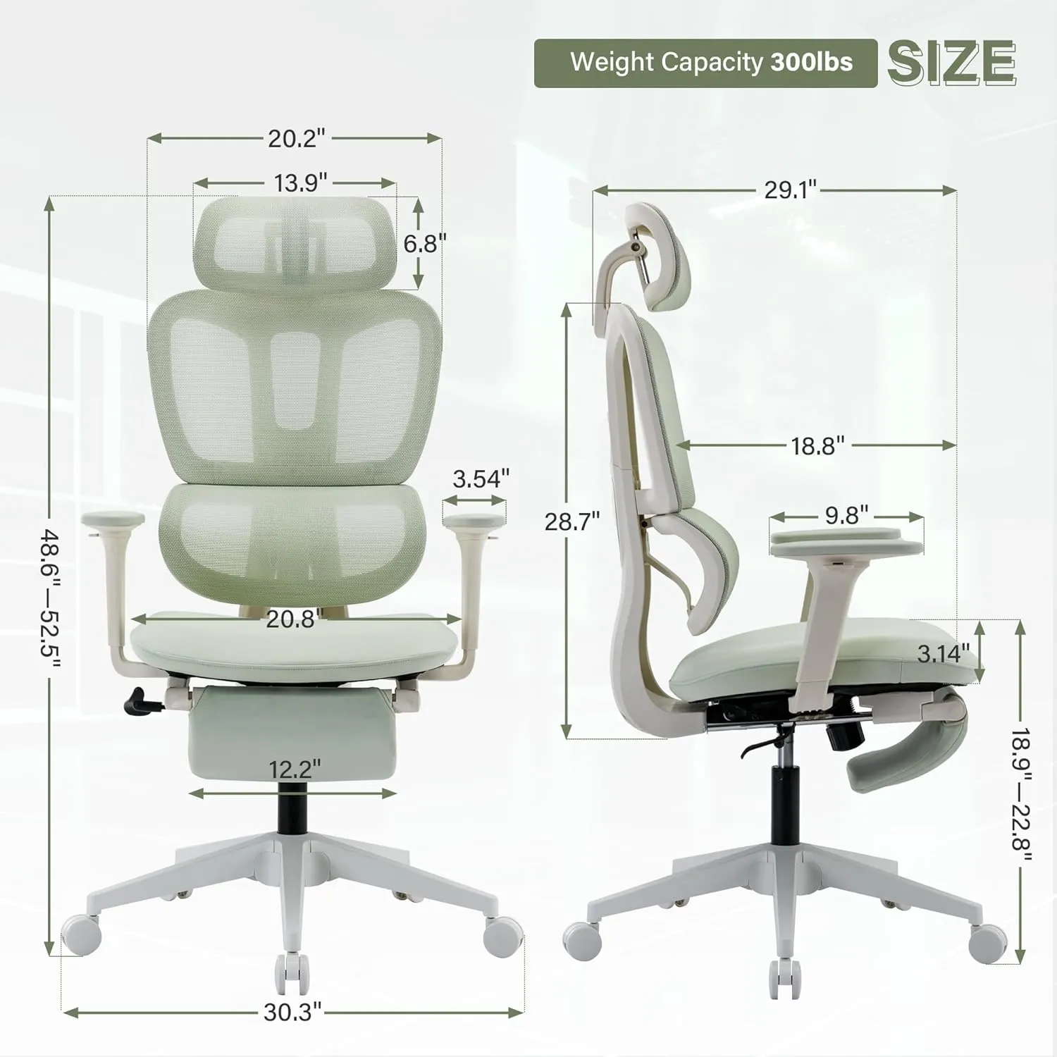 Ergonomic Office Chair with Footrest, High Back Computer Office Chair with Dynamic Lumbar Support, 2D Headrest, 2D Armrest, Sponge Seat, Mesh Home Office Desk Chair for Adults, Green
