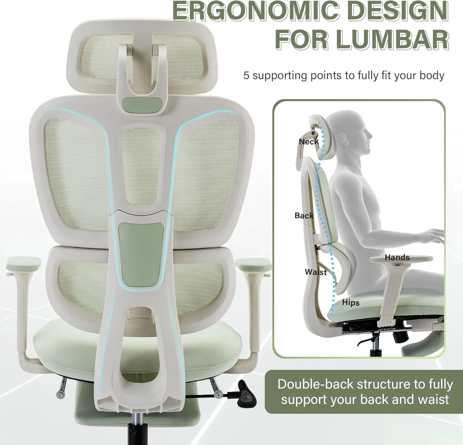 Ergonomic Office Chair with Footrest, High Back Computer Office Chair with Dynamic Lumbar Support, 2D Headrest, 2D Armrest, Sponge Seat, Mesh Home Office Desk Chair for Adults, Green