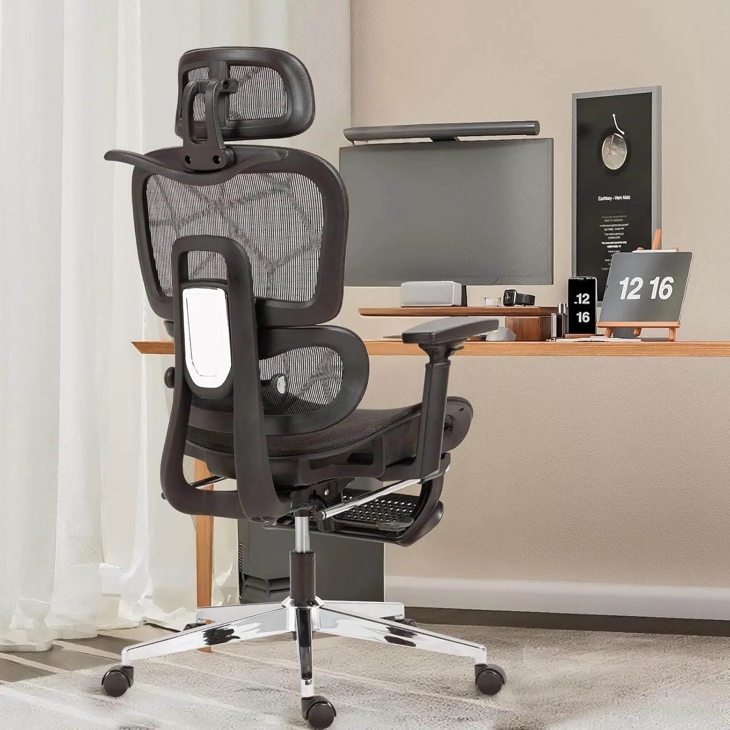 Ergonomic Office Chair with Footrest,Breathable Mesh Gaming Chair,Big and Tall,High Back,Comfortable Lumbar Support,130° Tilt,Ajustable 3D Armrest & 2D Headrest(Black)