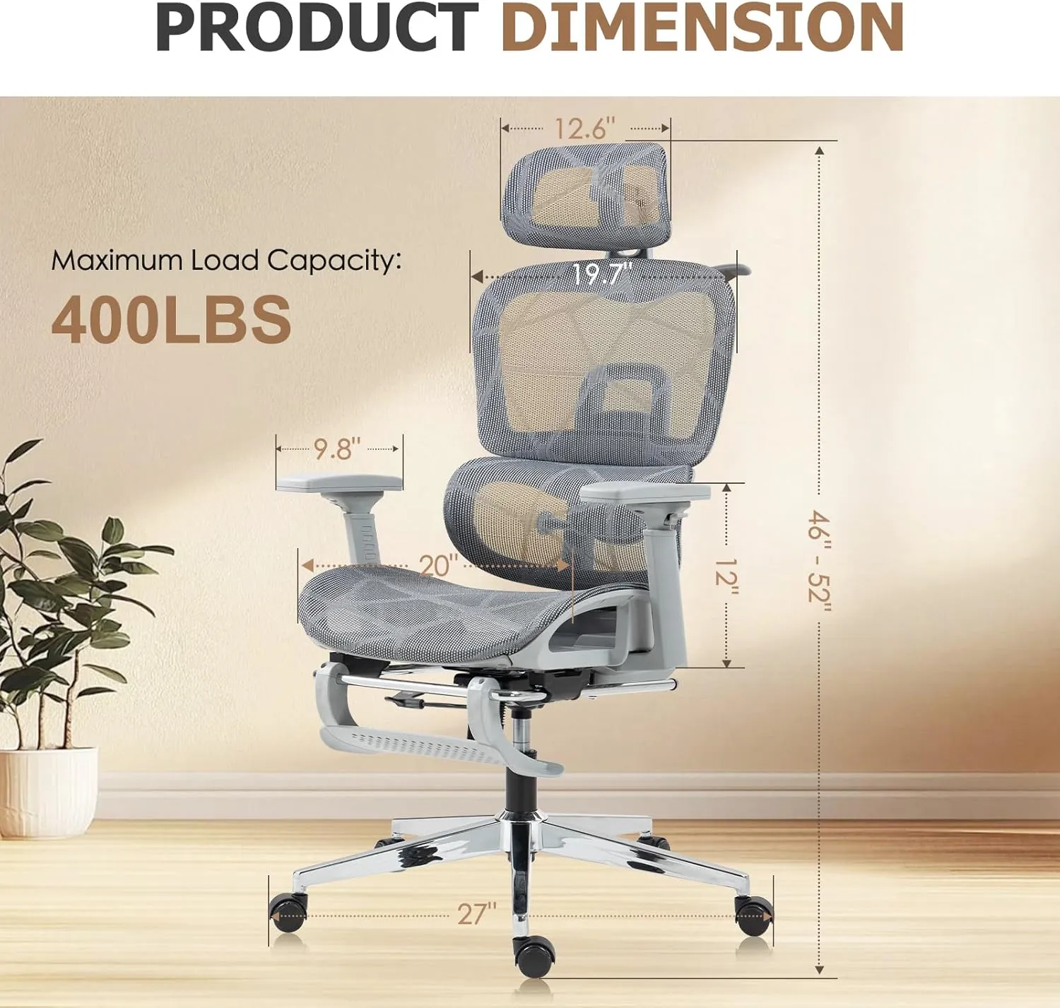 Ergonomic Office Chair with Footrest,Breathable Mesh Gaming Chair,Big and Tall,High Back,Comfortable Lumbar Support,130° Tilt,Ajustable 3D Armrest & 2D Headrest(Grey)