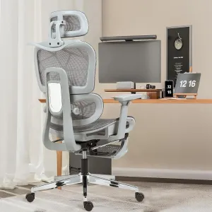 Ergonomic Office Chair with Footrest,Breathable Mesh Gaming Chair,Big and Tall,High Back,Comfortable Lumbar Support,130° Tilt,Ajustable 3D Armrest & 2D Headrest(Grey)