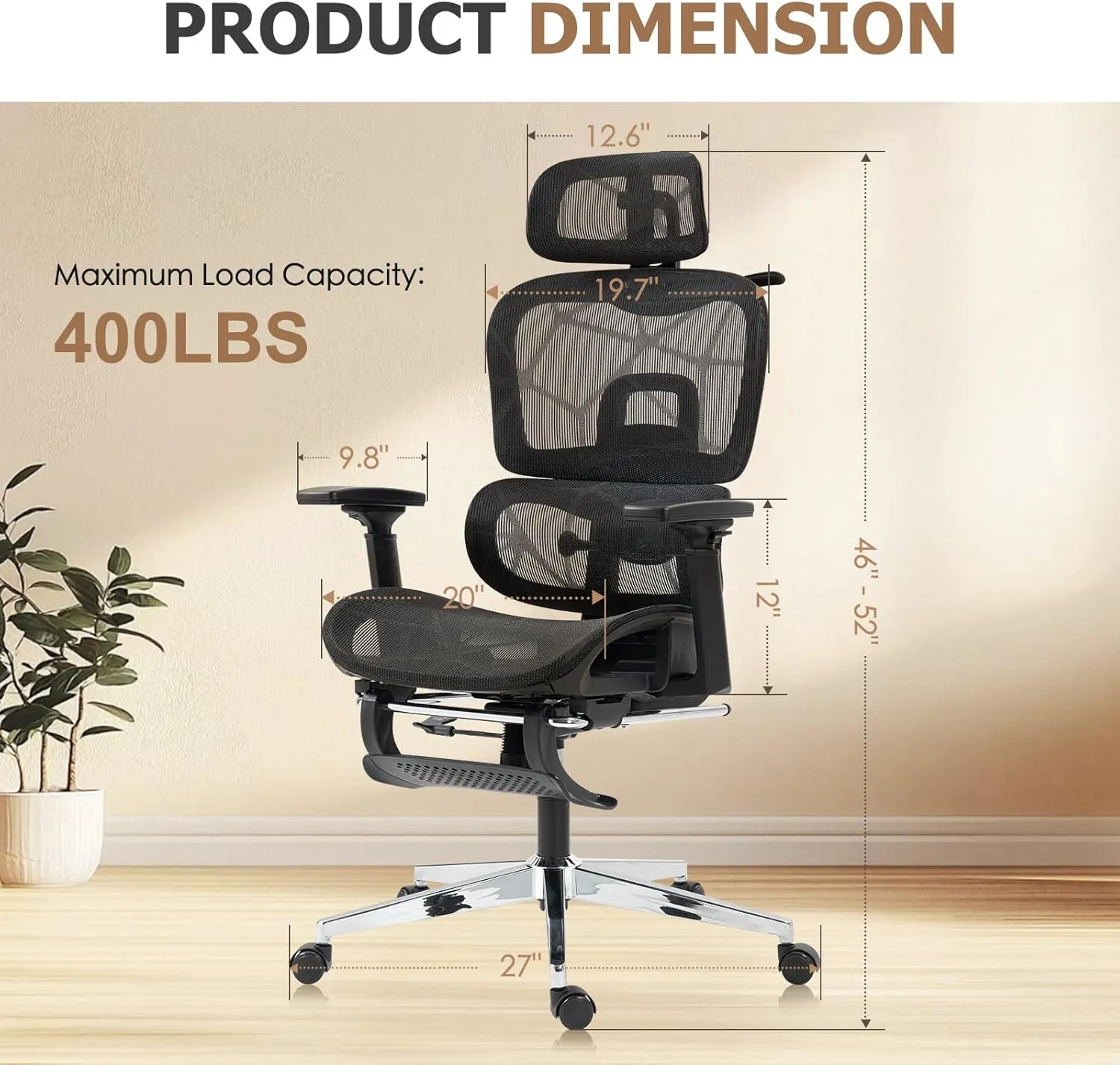 Ergonomic Office Chair with Footrest,Breathable Mesh,Big and Tall,High Back Gaming Chair,Comfortable Lumbar Support,130° Tilt,Ajustable 3D Armrest & 2D Headrest(Black)