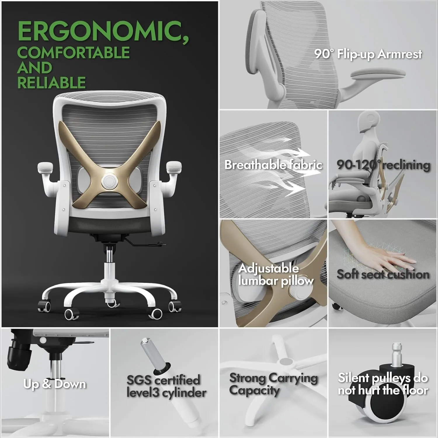 Ergonomic Office Chair with Lumbar Support - Adjustable Computer Desk Chairs for Home Office, Gaming, and Work - Comfortable and Supportive Desk Chairs for Adults(Grey Gold)